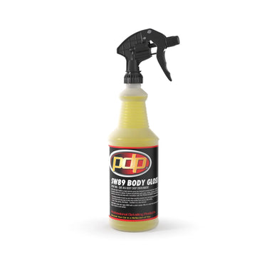 Spray bottle with yellow liquid and black label on a white background